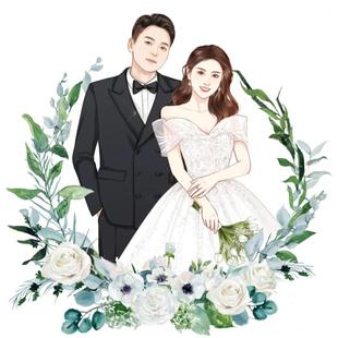 写实手绘婚礼请柬插画设计手绘婚纱照写实漫画结婚人物形象定制作