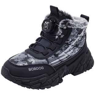 巴布豆童鞋男童鞋子加绒大童运动鞋2025新款冬季旋钮扣女童大棉鞋