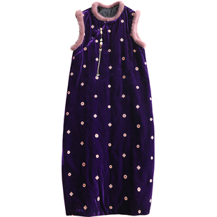 云澍原创真丝绒改良新中式国风水貂毛圆领无袖加棉马甲连衣裙冬季