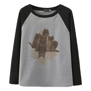 大码女插肩袖拼接长袖t恤上衣春秋2024新款微胖mm显瘦内搭打底衫