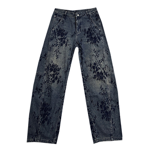 潮牌复古蓝宽松直筒弯刀牛仔裤男款国风做旧水洗植绒设计加厚长裤