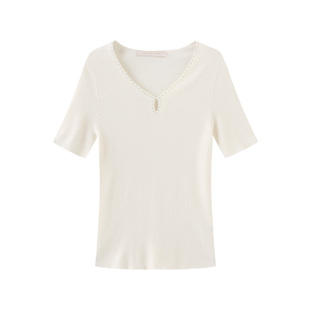 春竹100%绵羊毛早春新款V领纯色收腰显瘦洋气羊毛衫女短袖针织衫