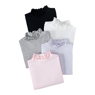 女童洋气长袖上衣T恤春秋儿童黑白色薄款莫代尔半高领花边打底衫