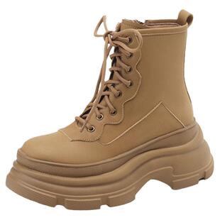 简约不简单真皮圆头厚底系带马丁靴女百搭2026流行增高小短靴8CM