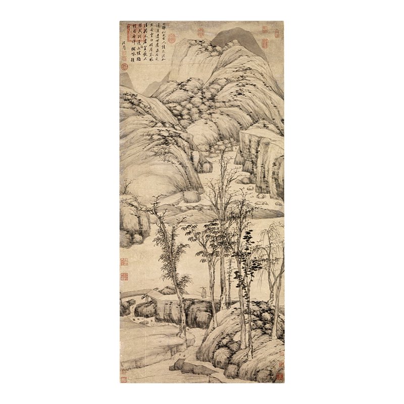 明沈周策杖图微喷复制品打印传统山水画绢布临摹画稿玄关卷轴挂画