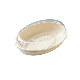 一次性椭圆形沙拉轻食盒外卖打包盒圆形纸浆碗水果盒带盖纸浆餐盒