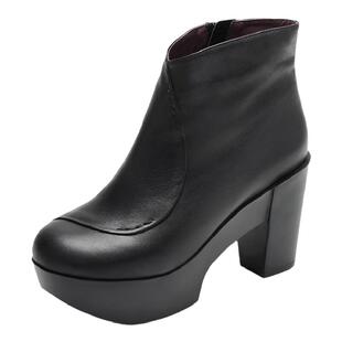 一席之地中年妈妈靴子加绒真皮保暖粗跟短靴女秋冬季新款短筒皮鞋