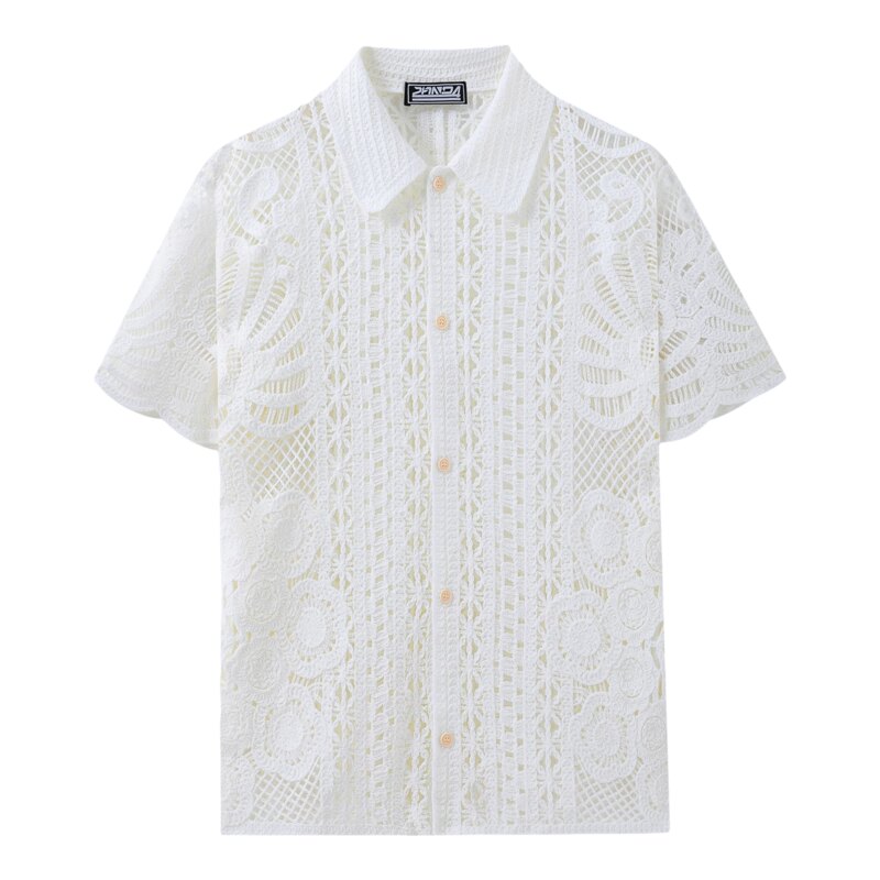2026夏美式休闲度假纯色短袖衬衣男性感镂空开衫上衣Men's shirt
