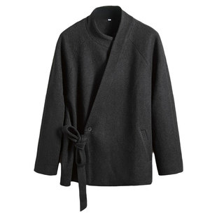 春秋中国风斜襟交领汉服外套男针织毛呢新中式外衣古装右衽道袍