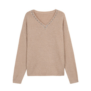 pusumede 时髦多元素 手工钉珠V领套头毛衣女亮片细闪针织衫上衣