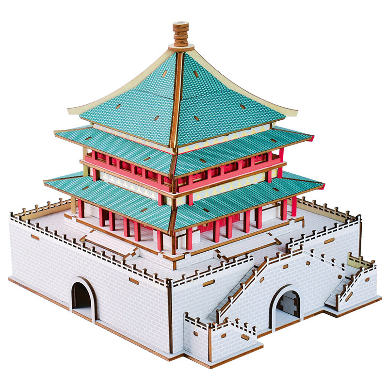 古建筑西安钟楼木质3D立体拼图玩具 儿童DIY手工拼装模型生日礼物