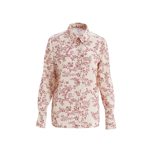 OBEG欧碧轻中式绛红印花长袖衬衫女春款复古暗纹气质上衣10501011