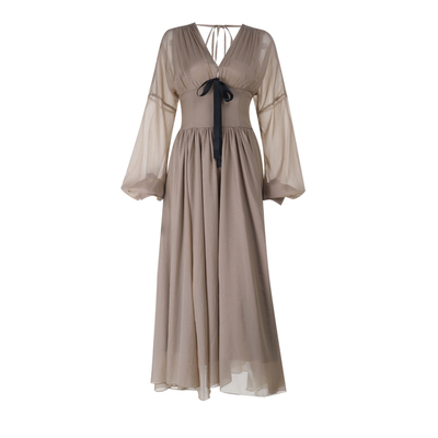 温柔气质V领雪纺长袖连衣裙