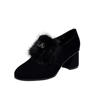 2025新款女士秋冬季女鞋水貂毛高跟鞋绒面粗跟单鞋气质中跟真皮鞋