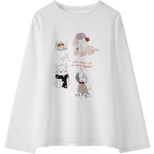 LAGOGO可爱小狗毛巾绣长袖T恤女拉谷谷2025秋冬新款落肩白色上衣