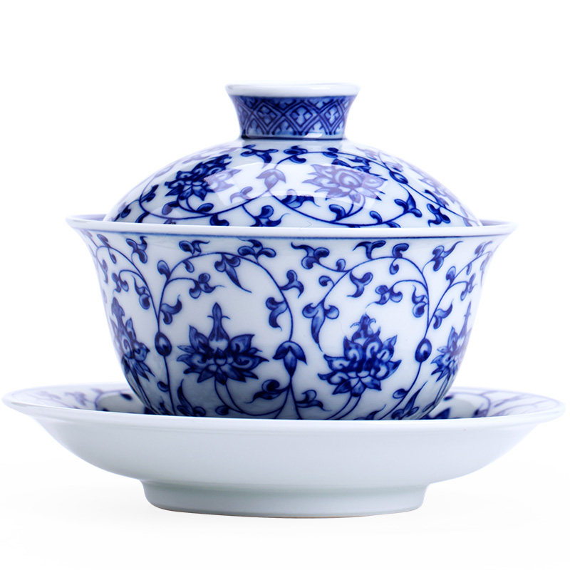青花陶瓷三才盖碗功夫茶具