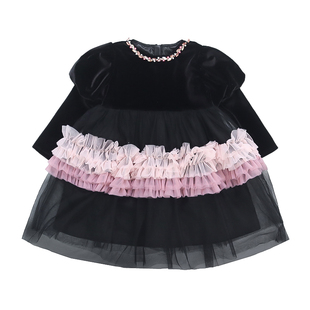 女童洛丽塔风泡泡袖长袖中小童网纱连衣裙春秋黑色蛋糕公主裙洋气