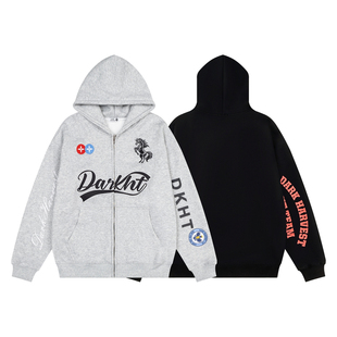 VIGB 原创国潮美式解构战马刺绣连帽卫衣宽松设计感情侣外套男女