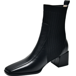 皮厚先生 秋季时尚高跟短靴女 粗跟真皮系带及踝靴新款女靴