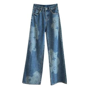 直筒牛仔裤女2025新款秋季高腰显瘦梨形身材窄版直筒裤女印花裤子