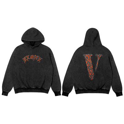VLONE拉浆火山熔岩大LOGO印花  做旧水洗宽松连帽卫衣 男女同款