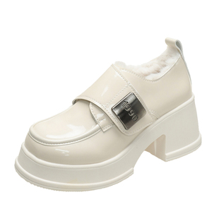 黑色小皮鞋女秋冬玛丽珍鞋加绒保暖高跟粗跟港版厚底乐福鞋配旗袍