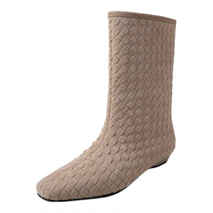2.2cm平底编织低跟瘦腿靴2025新款时尚法式超轻便巨好看短筒女靴