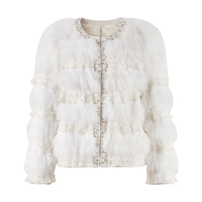 MISSCOCOON可可尼短外套女2025冬季新款千金风白色蕾丝貉子毛皮草