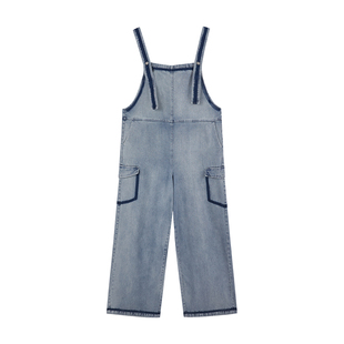 it'real撞色线牛仔背带裤女春装高腰显瘦宽松阔腿工装风连体裤