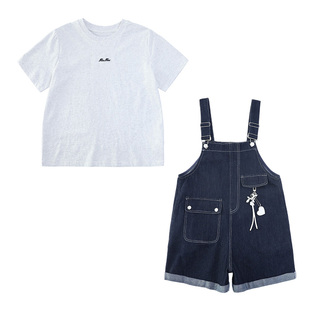 ABC女童夏季两件套2026新款女孩时髦洋气童装儿童牛仔背带裤套装