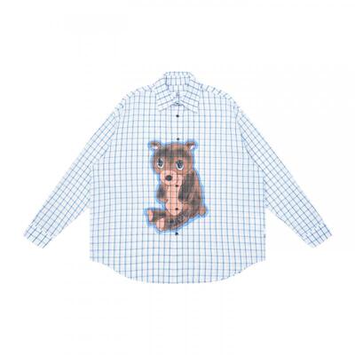 EMPTY REFERENCE 悲伤小熊手绘印花起皱格纹尖领衬衣长袖衬衫