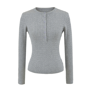 美式复古领口纽扣半开襟麻花长袖针织衫女秋冬套头毛衣打底衫上衣