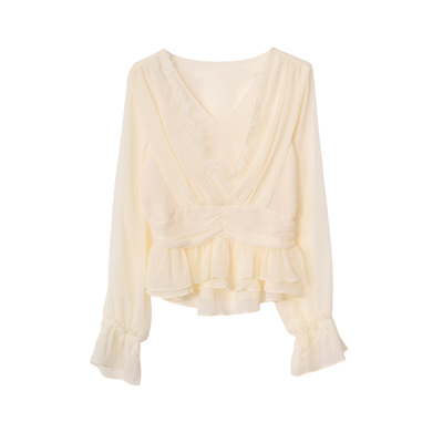 法式蕾丝V领荷叶边春季衬衫女