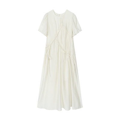 Basic House/百家好莱赛尔甜美小白裙夏法式泡泡袖抽绳中长连衣裙