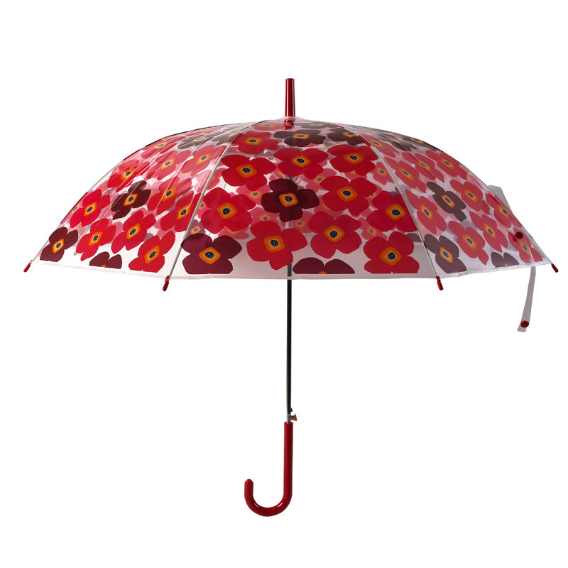 安全外贸poe长手柄红花透明雨伞