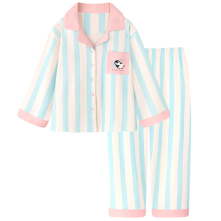 眠眠企鹅卡通条纹纯棉睡衣女款2025新款春秋可外穿家居服套装冬季