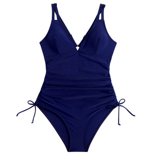 2025年欧美性感V领连体游泳衣圆环系带大码遮肉显瘦泳装女泡温泉