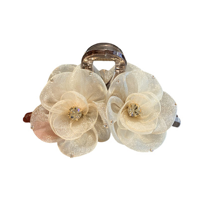 高级感香槟金网纱花朵抓夹女