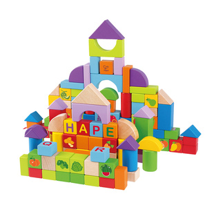 Hape果蔬积木1-3岁宝宝儿童桶装木制男孩女孩大颗粒拼装益智玩具