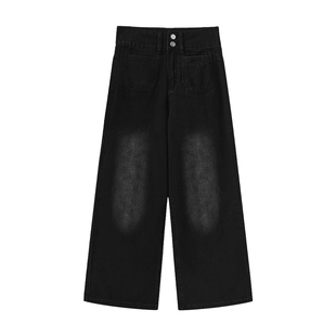 黑色直筒牛仔裤女梨型身材冬季加绒大码胖mm显瘦宽松垂感阔腿裤子