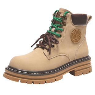 热风厚底马丁靴女款2024年冬季新款百搭短筒撞色鞋带增高大黄靴子