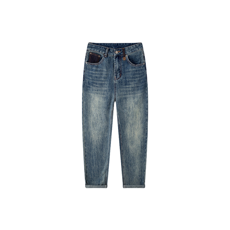 设计感高腰显瘦哈伦牛仔裤女秋冬季加绒加厚大码宽松九分老爹裤子