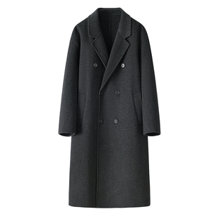 秋冬季双面绵羊绒大衣男长款过膝双排扣宽松韩版羊毛呢子风衣外套