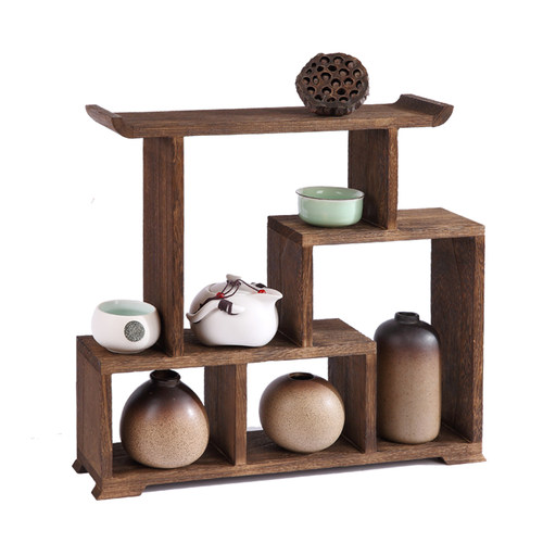 博古架小实木中式迷你桌面摆件紫砂壶展示架多宝阁茶具架子置物架