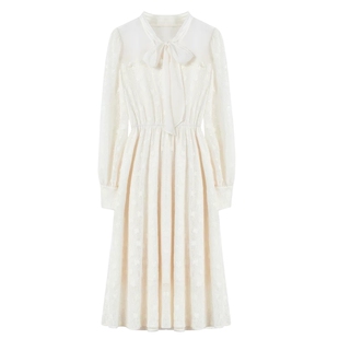 秋水伊人米白飘带领蕾丝连衣裙女2025年春季新款甜美减龄中长裙