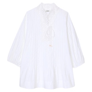 博主同款SANDRO2025春夏女装法式气质时尚棉质白色花领压褶连衣裙