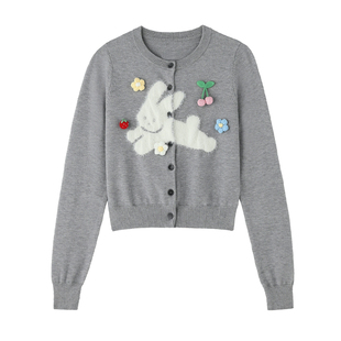 FTT FlyTheTruth『灰野蜜语』 可爱兔子毛衣开衫外套秋灰色针织衫