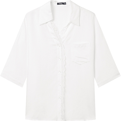 KBNE衬衫莱赛尔V领蕾丝法式粉色上衣2025夏季新款波嬉风百搭衬衣