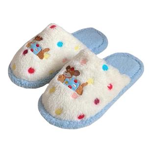 细细条 彩点狗狗卡通趣味毛毛居家鞋女秋冬学生可爱棉拖鞋月子鞋