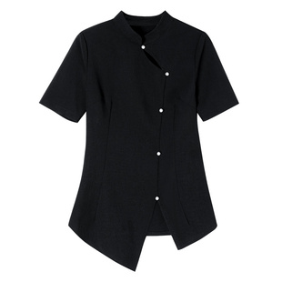 黑色新中式上衣女夏季新款设计感衬衣短袖修身显瘦高级感国风衬衫